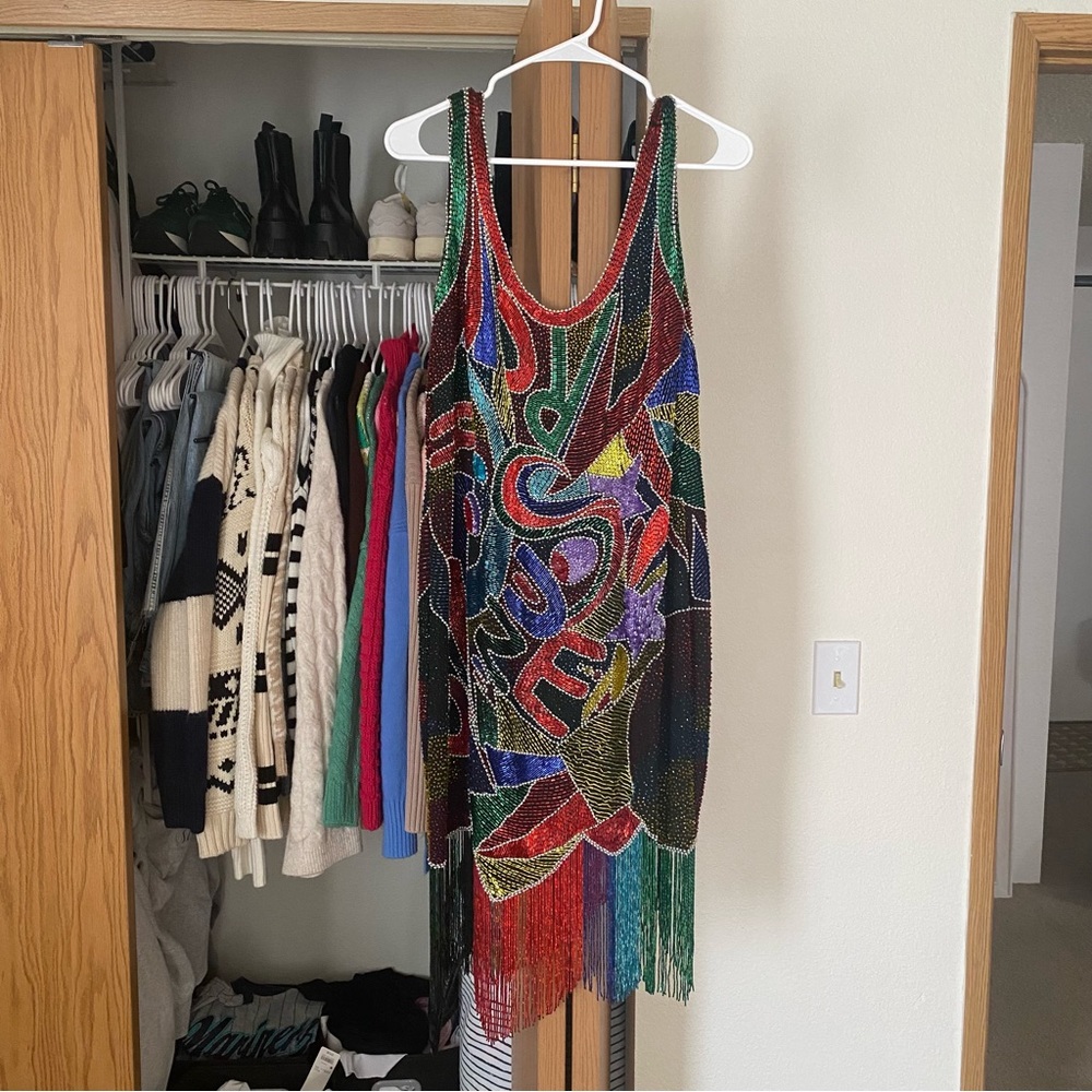 Vintage Black Tie Oleg Cassini Beaded Fringe Dress Sz 12